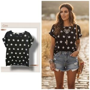 🌿Liva Girl Women's XL Black & White Stars Cuffed Sleeved Top